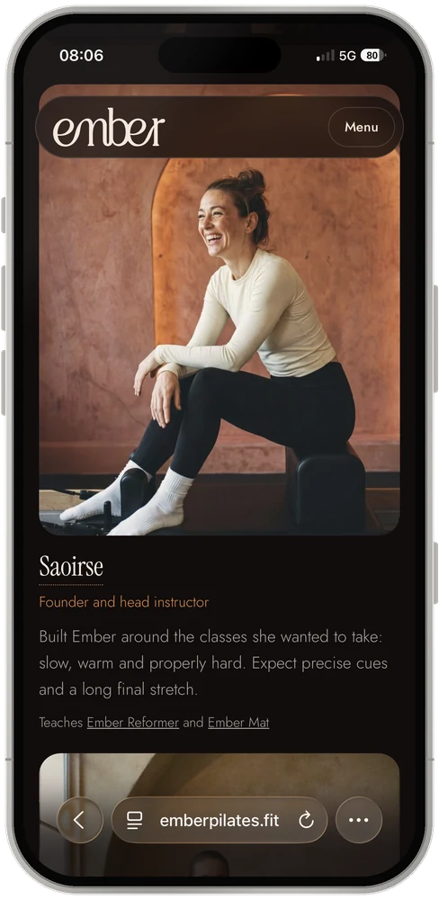 Ember instructor page on a phone, featuring the founder and head instructor