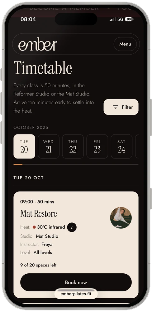 Ember timetable on a phone, with a day picker and bookable classes