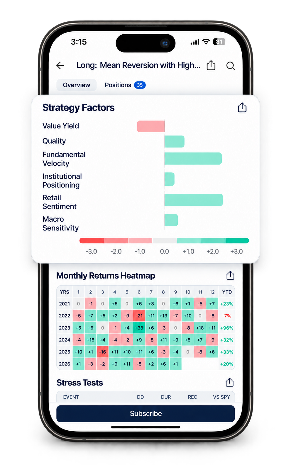 Strategy factors and monthly returns screen