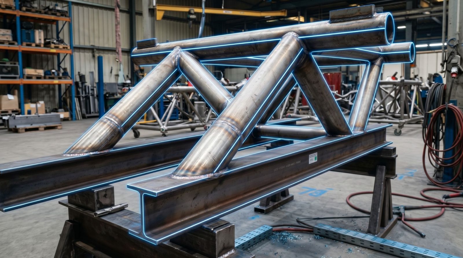 Augmented reality quality inspection of a welded steel structure: CAD model edges overlaid on the real weldment