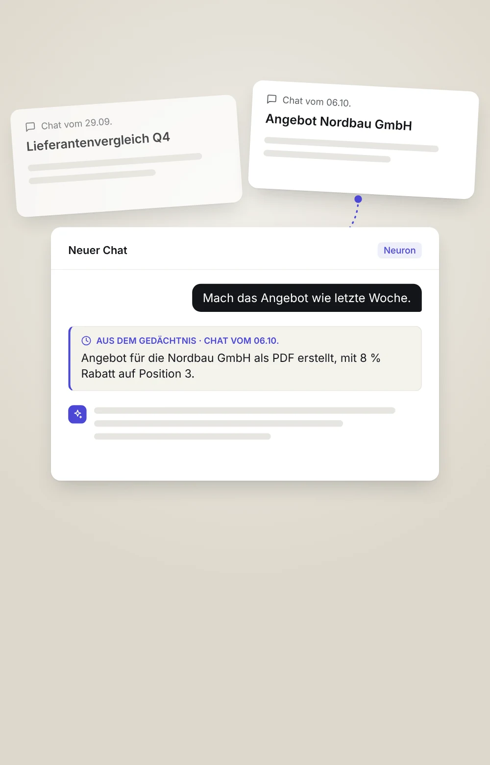 Neuer Chat in denkk, in den eine Notiz aus dem Chat vom 06.10. eingespielt wird