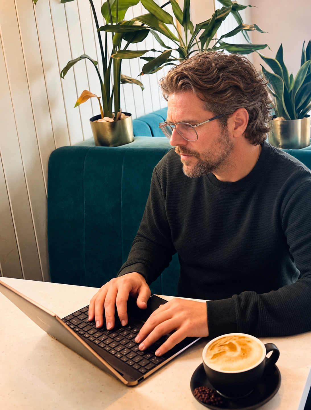 Dan Caplin working on a laptop in a cafe