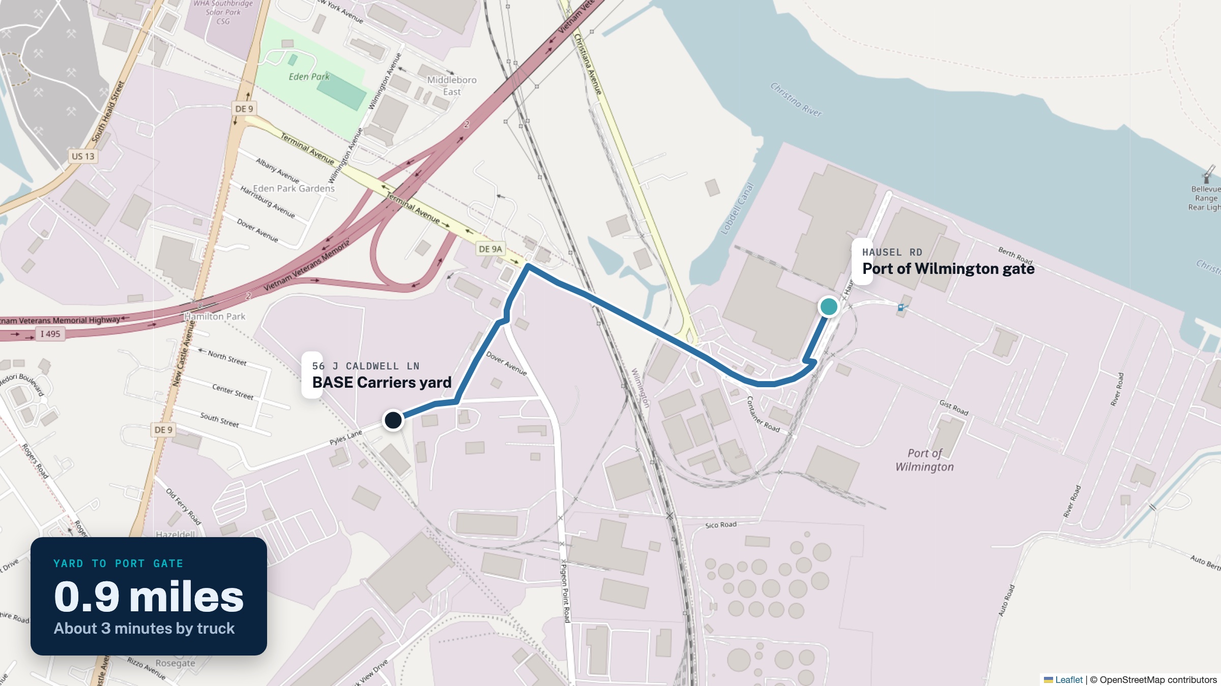 Map: the BASE Carriers yard at 56 J Caldwell Ln is 0.9 miles, about 3 minutes by truck, from the Port of Wilmington gate on Hausel Road