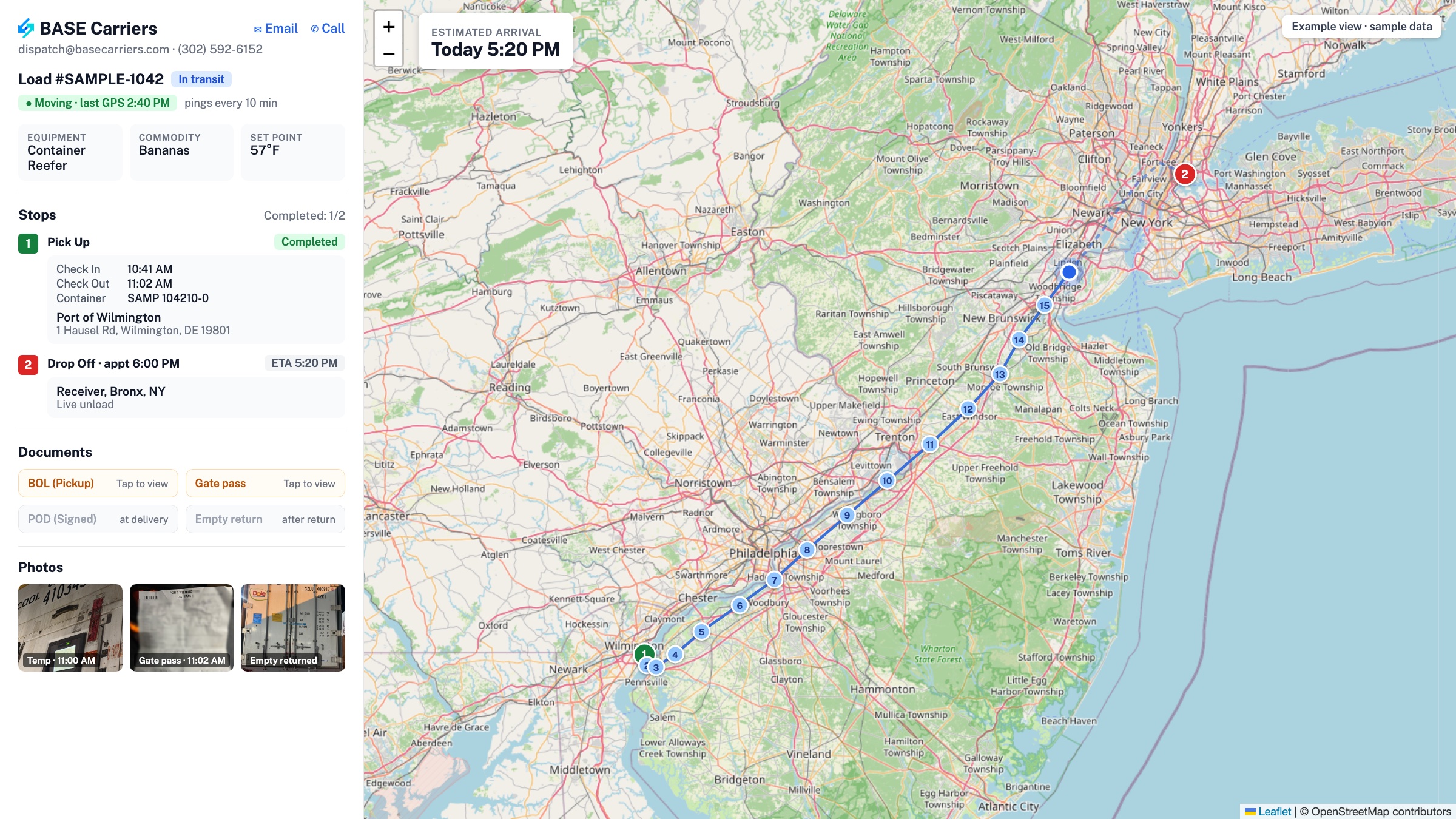 Example BASE Carriers tracking page with a reefer set point, temperature and seal photos, documents and location pings every 10 minutes