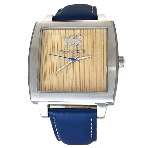 Banneker Baller Blue watch with bamboo dial, silver case and blue leather strap