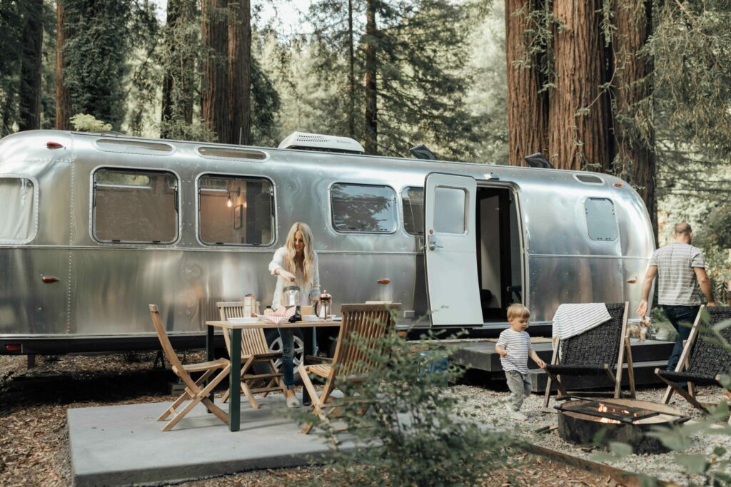 Premium Airstream at AutoCamp Russian River among the redwoods in Sonoma County, California.