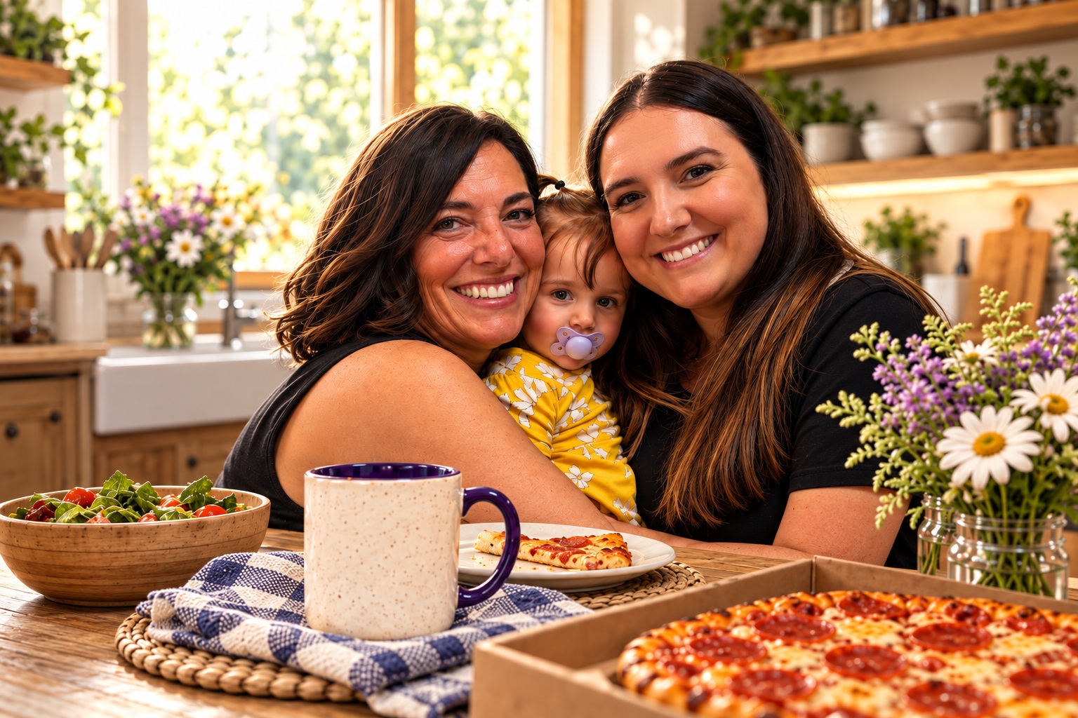 Angie, Danielle and a young child sharing a warm family moment at a kitchen table with pizza and flowers.
