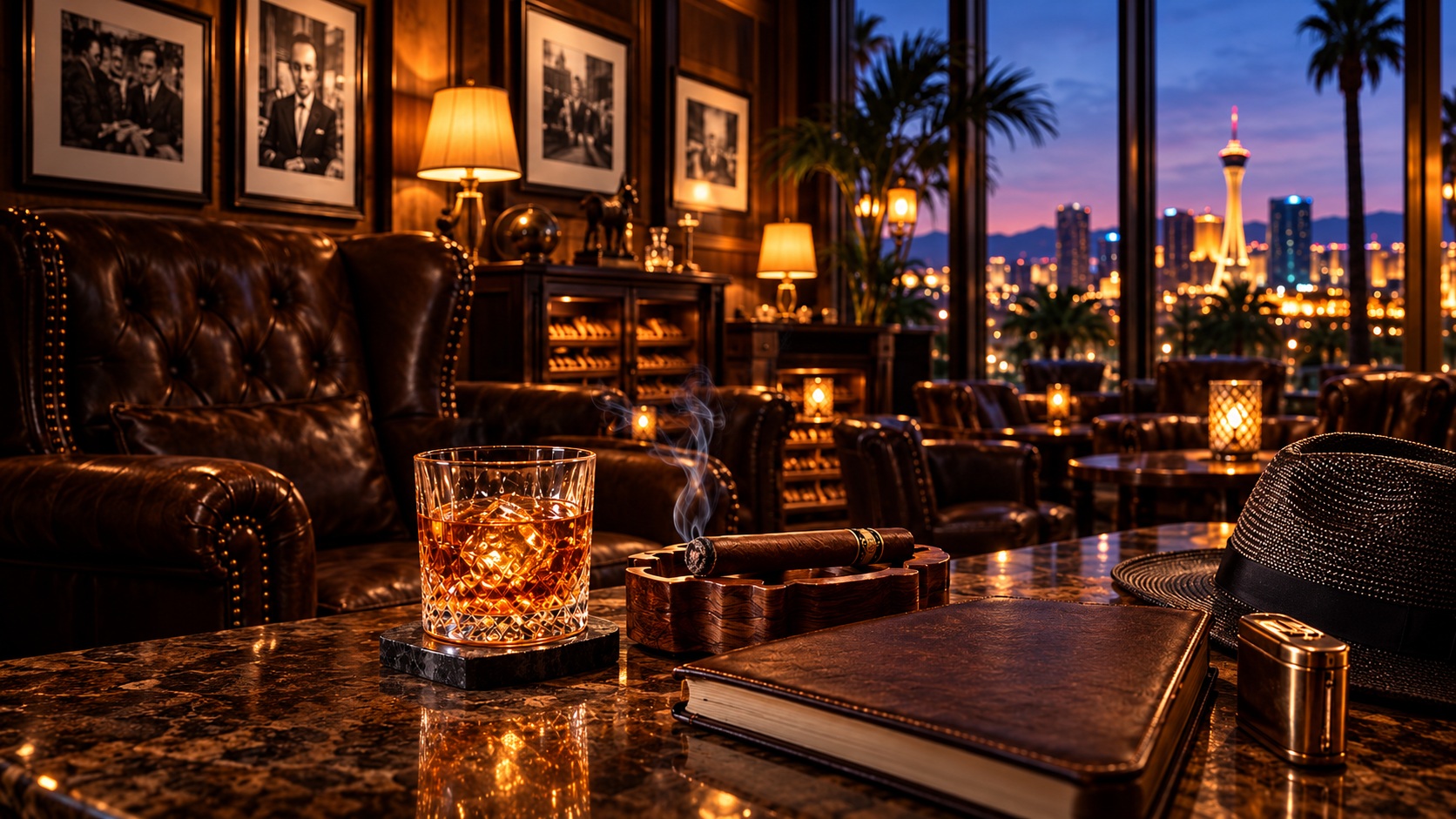Illustrative cigar lounge scene with leather chairs, a journal and a Las Vegas evening skyline.