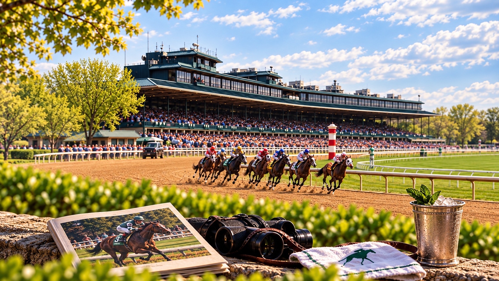 Editorial illustration of a Keeneland-inspired racecourse, racing horses and a program beside binoculars.