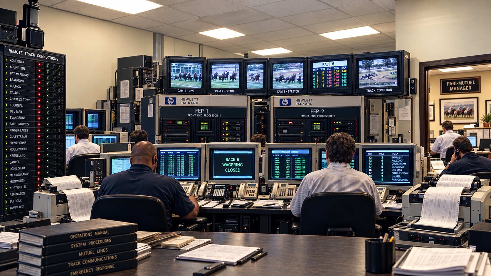 Editorial illustration of an early-1990s tote operations room with CRT monitors, computers, printers and operators.