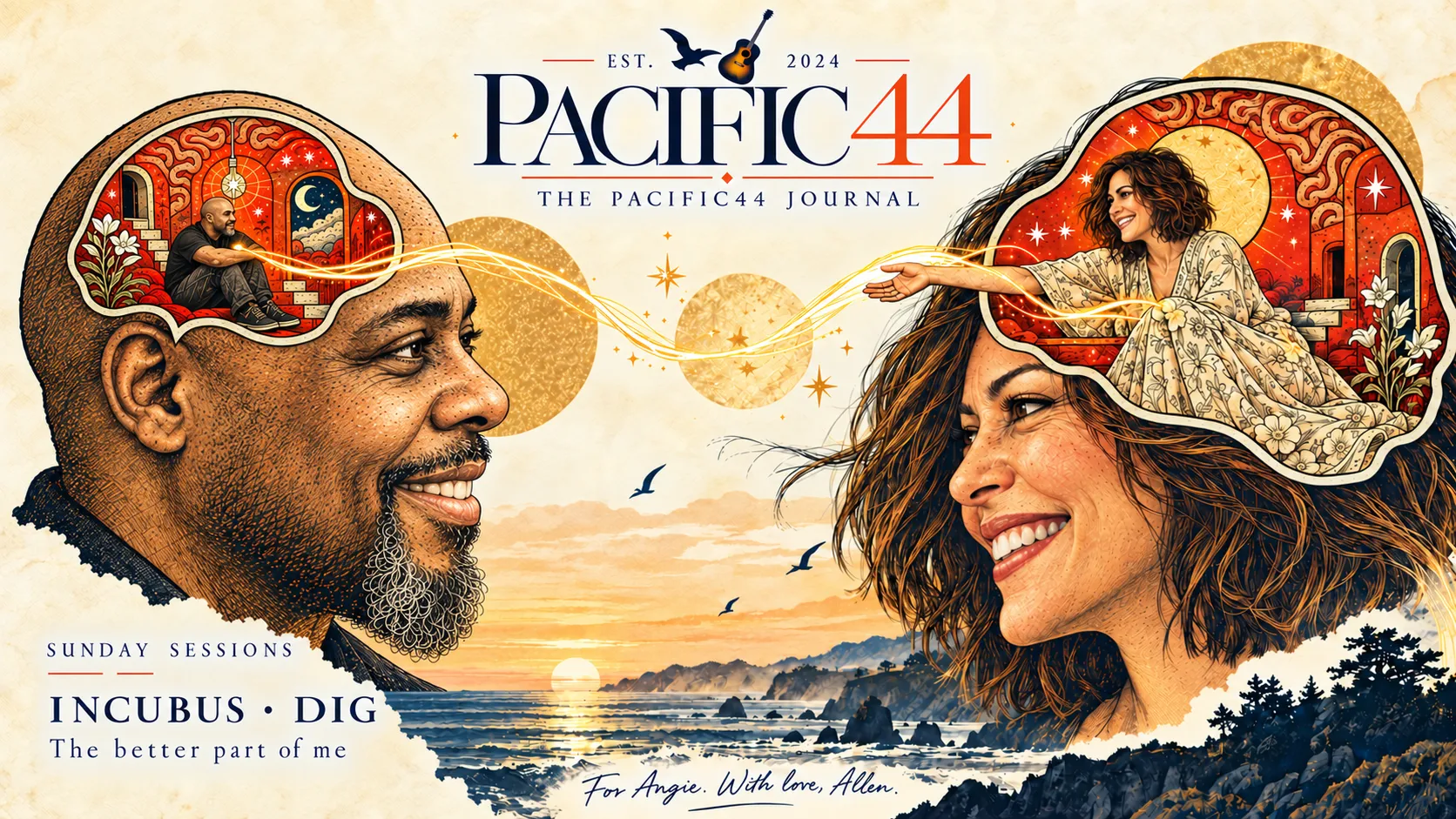 Allen and Angie connected by golden light, with symbolic inner worlds above the Pacific coastline