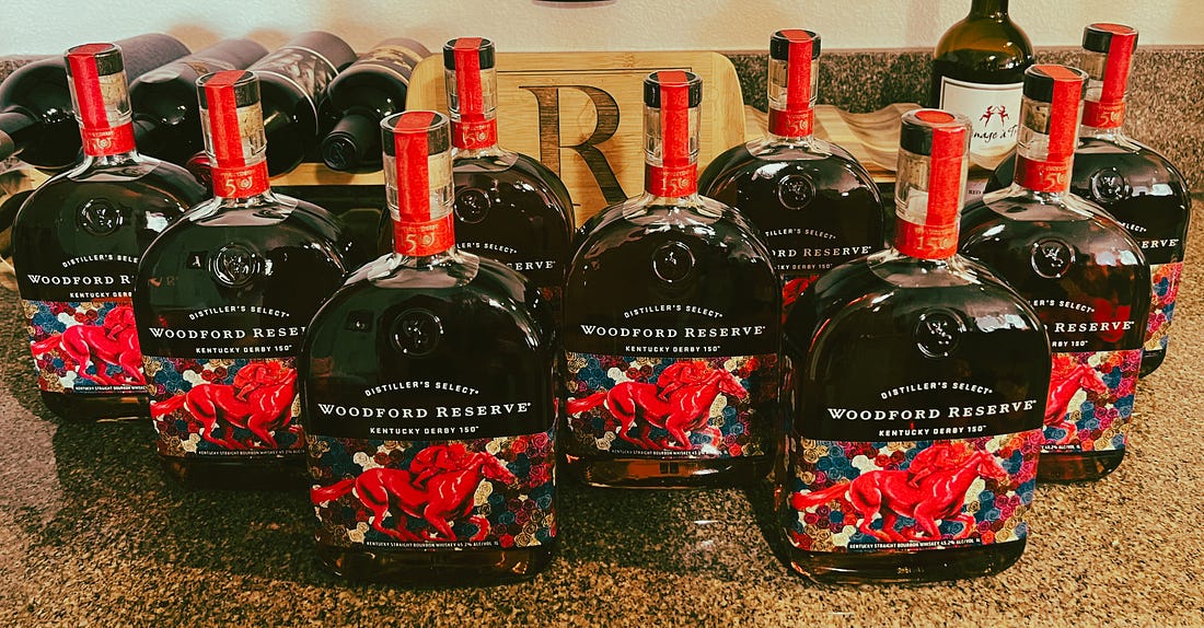 Allen’s collection of Woodford Reserve Kentucky Derby commemorative bottles