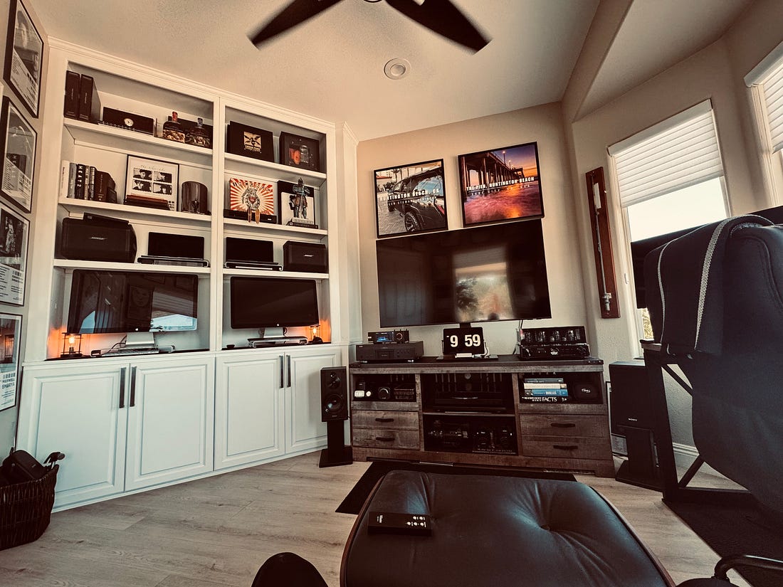 Allen’s music room with record shelves and audio equipment