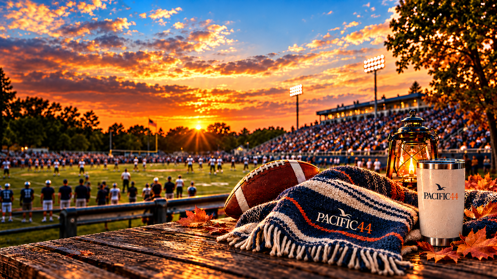 An autumn football stadium at sunset with a Pacific44 woven blanket, football, tumbler and glowing lantern in the foreground.