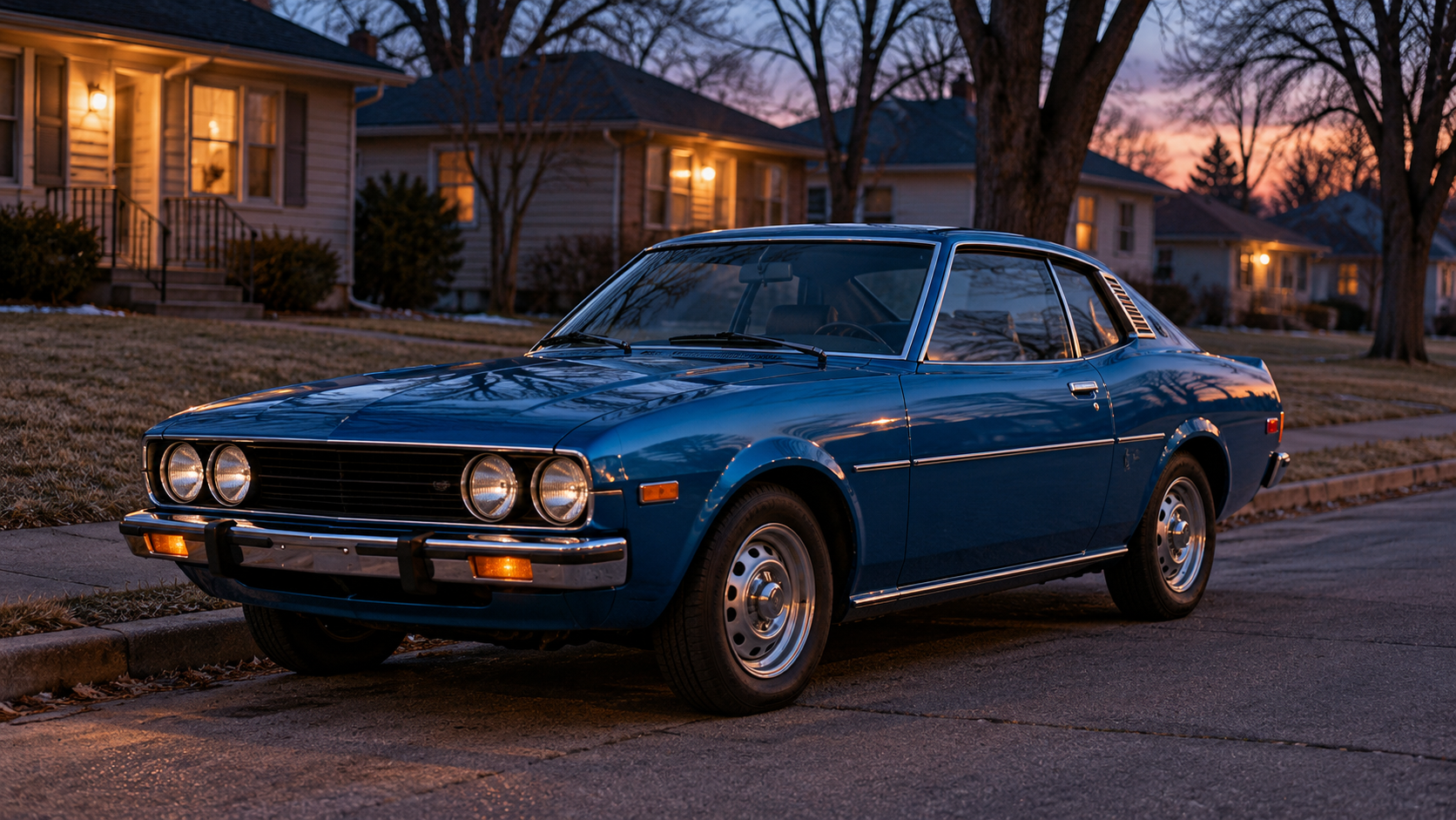 Illustration of a blue 1978 Toyota Celica on a quiet Iowa residential street at dusk