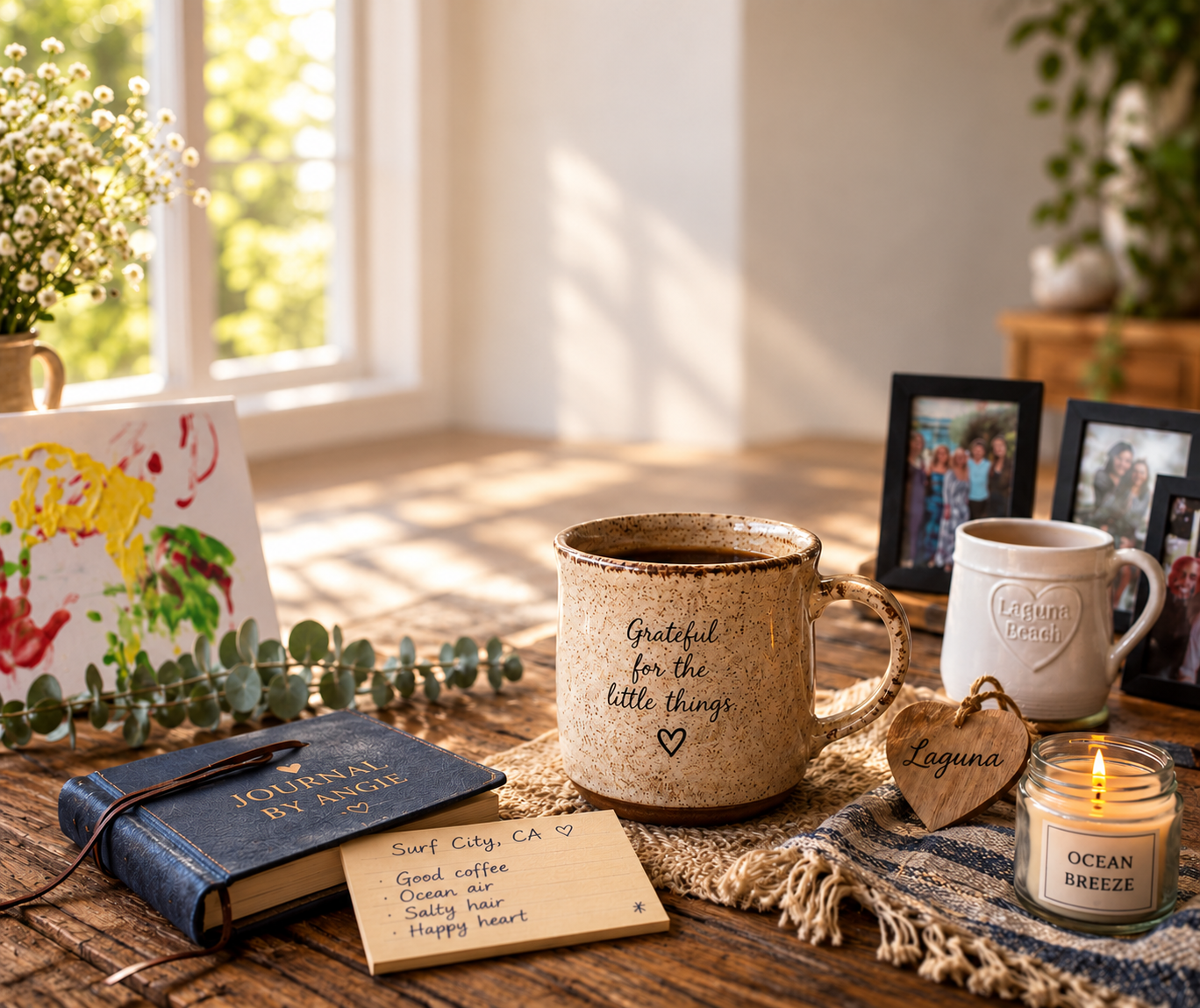 A favorite speckled coffee mug, journal, candle and family photographs in warm morning light.