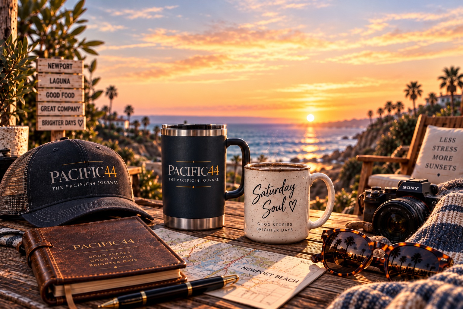Coastal sunset with Pacific44 journal, coffee mugs, camera and travel keepsakes on a wooden table.