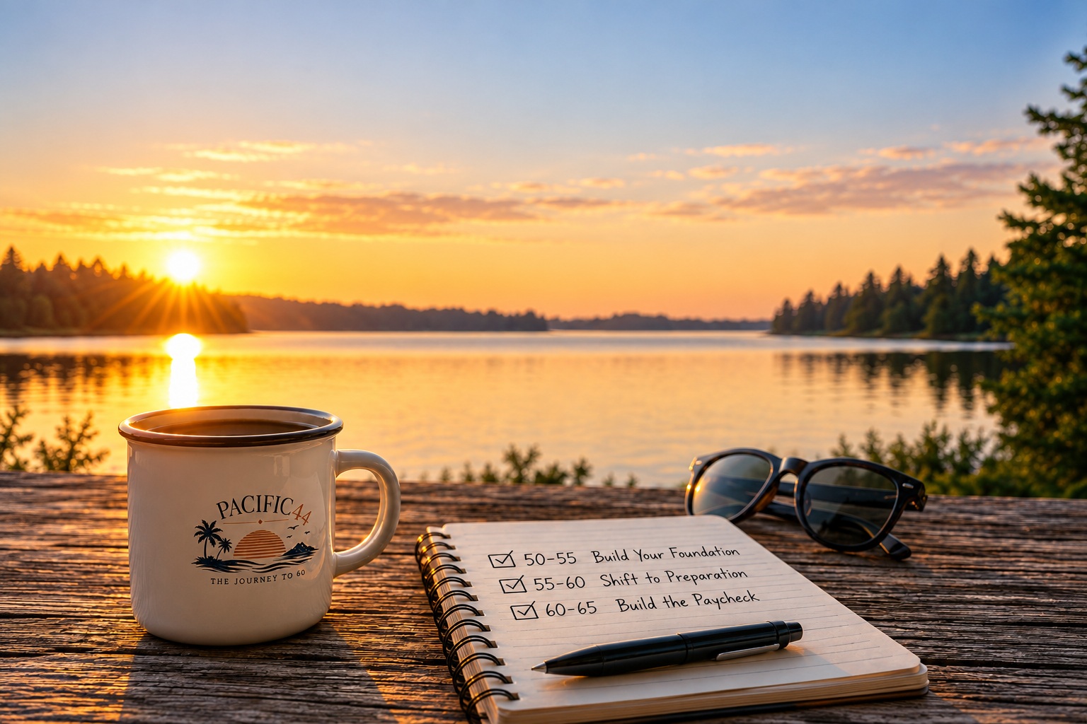 Pacific44 coffee mug, retirement planning notebook and sunglasses beside a lake at sunset.