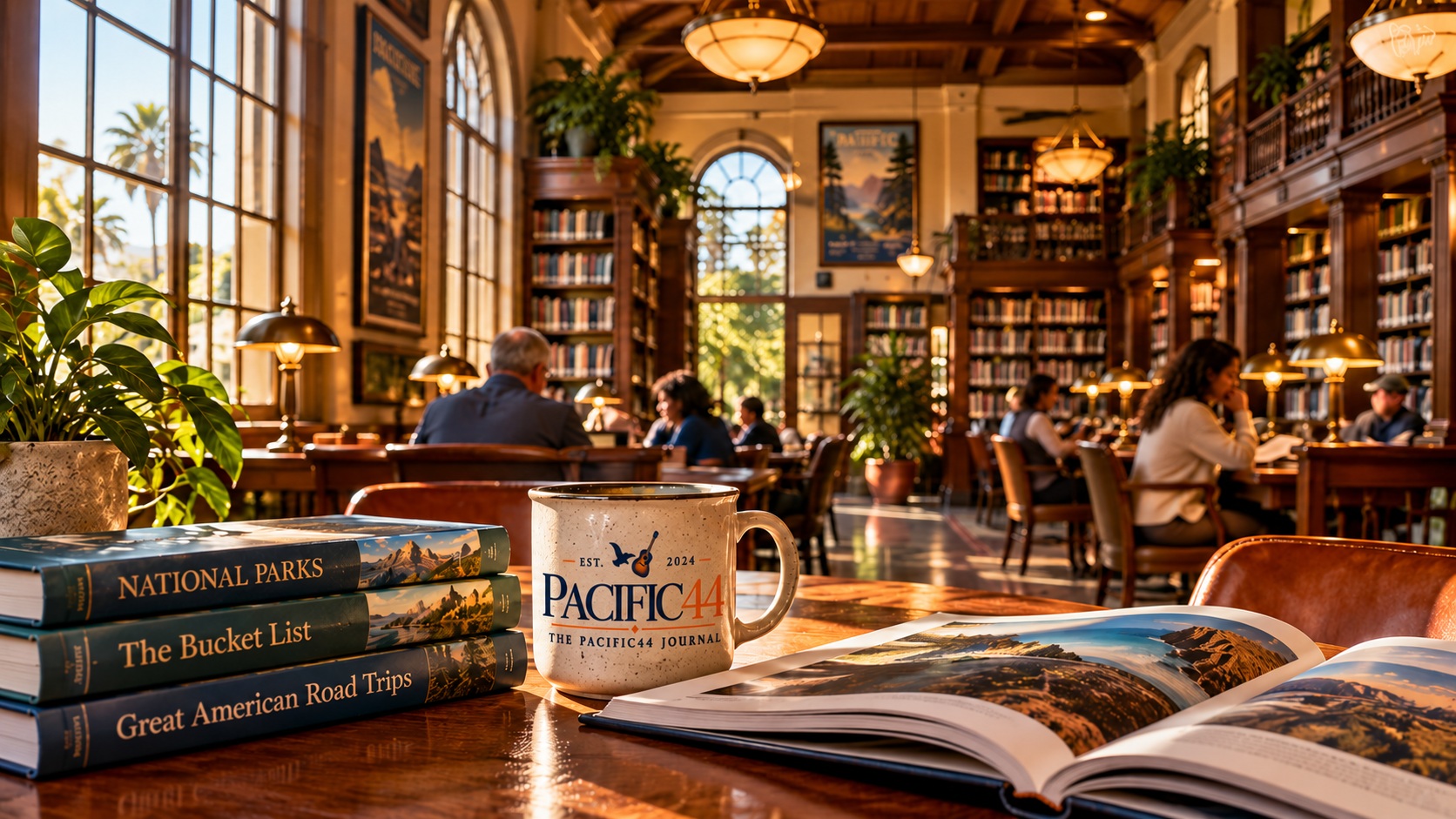 Grand library reading room with books and a mug bearing the Pacific44 Journal masthead.