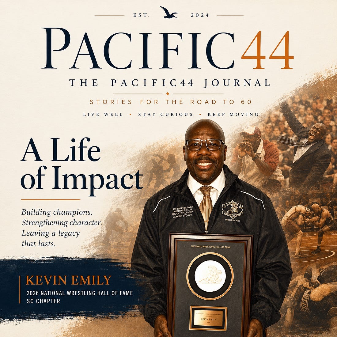 Pacific44 A Life of Impact graphic featuring Kevin Emily holding his Hall of Fame plaque.