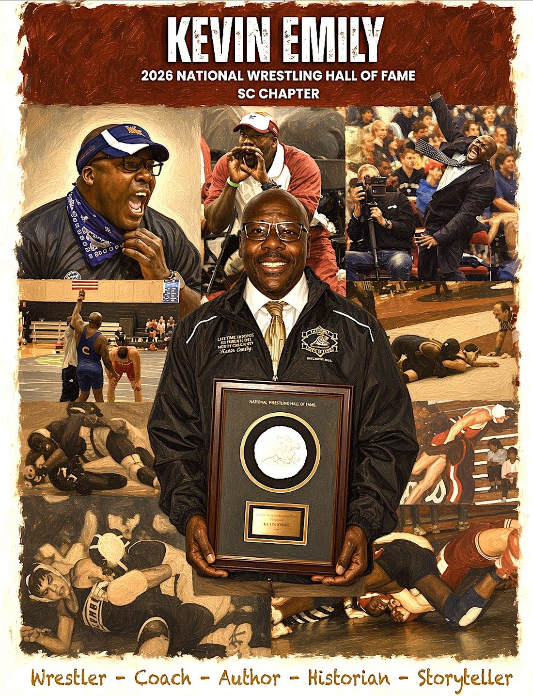 Kevin Emily wrestling and coaching collage.