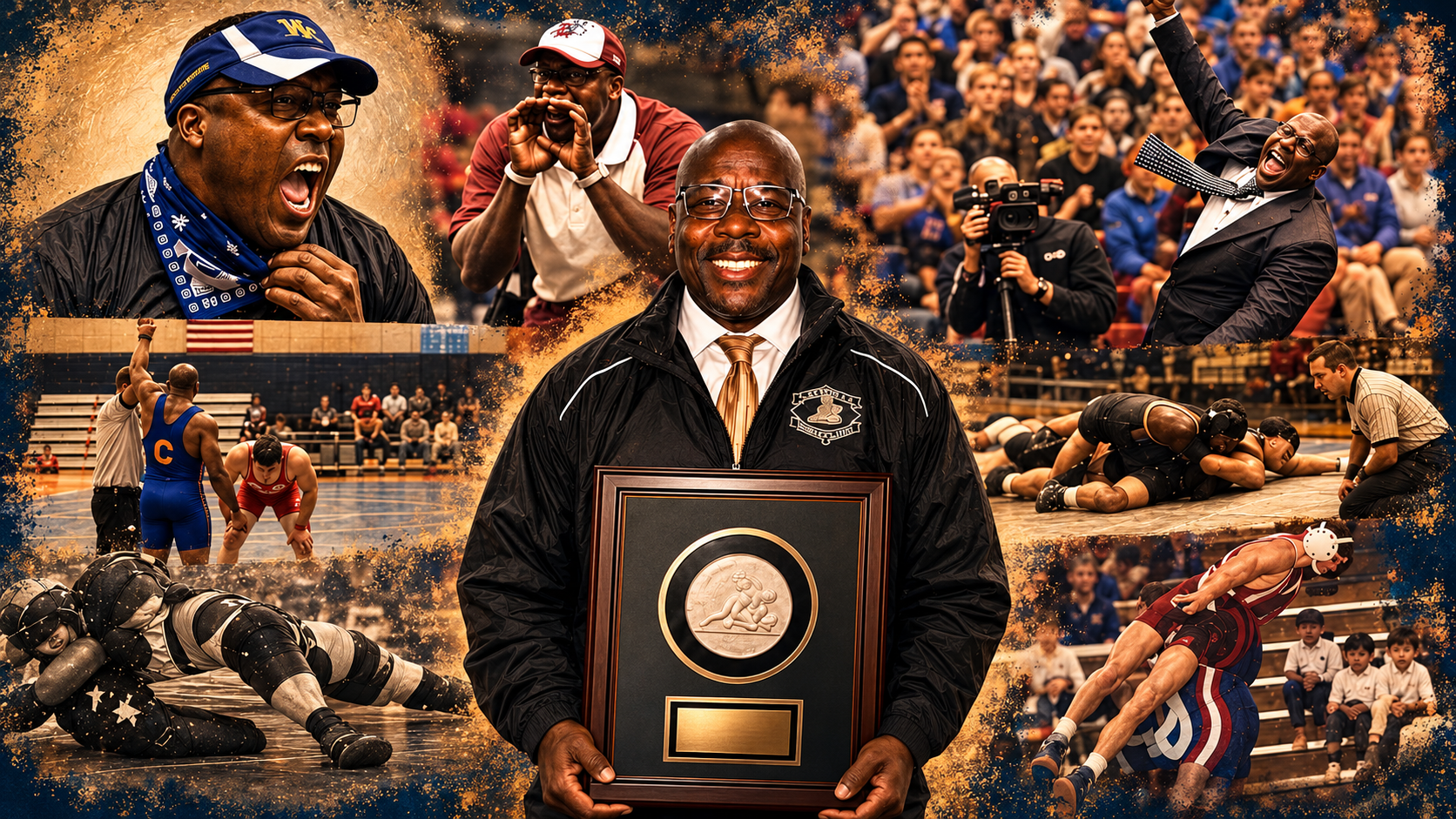 Kevin Emily holding his award, surrounded by a landscape collage of wrestling and coaching moments.