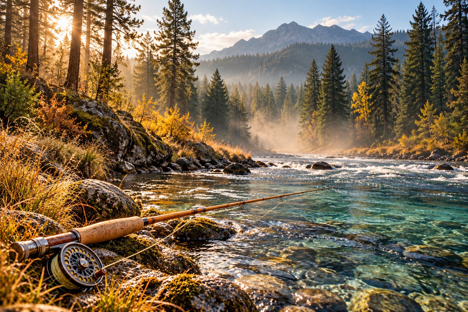 Original Pacific44 illustration of a bamboo fly rod and reel beside an Oregon river at dawn