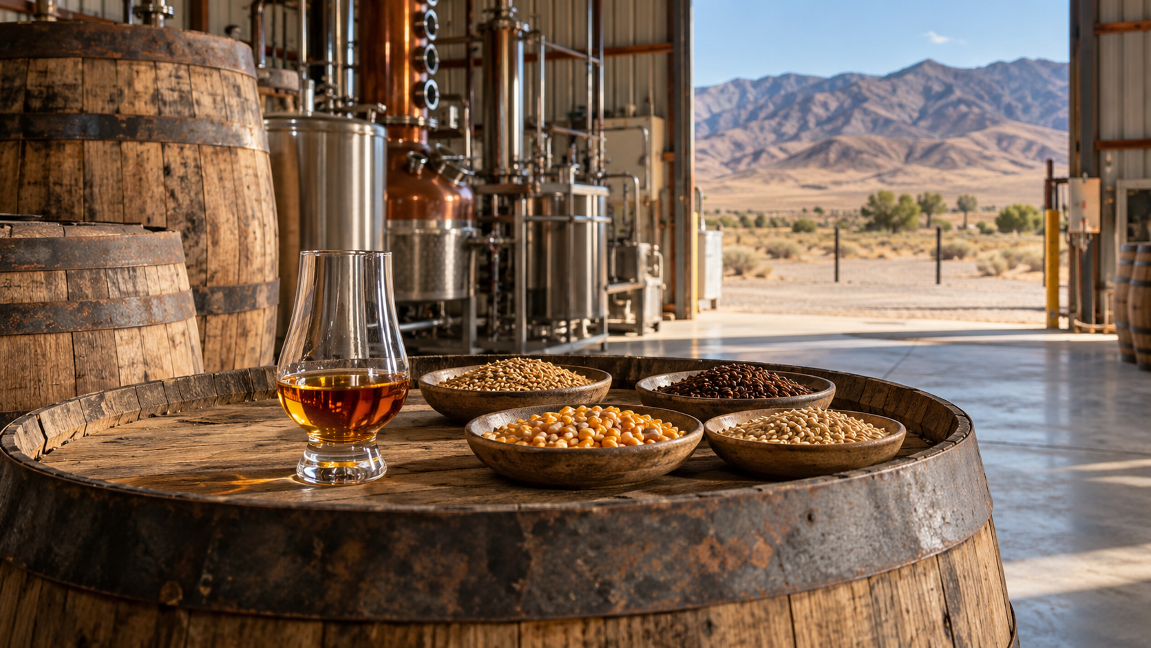 AI-generated editorial illustration for Frey Ranch: Nevada Bourbon Begins in the Field; not a photograph of the featured business or destination.