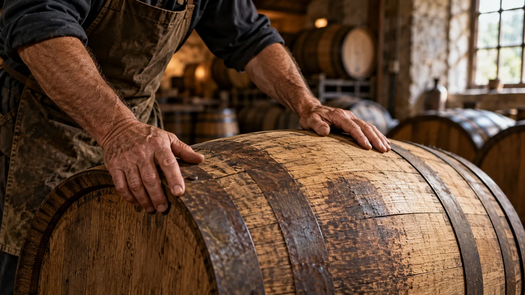 AI-generated editorial illustration: Oak, texture and the work behind a barrel. Generic scene, not a photograph of the featured business or destination.