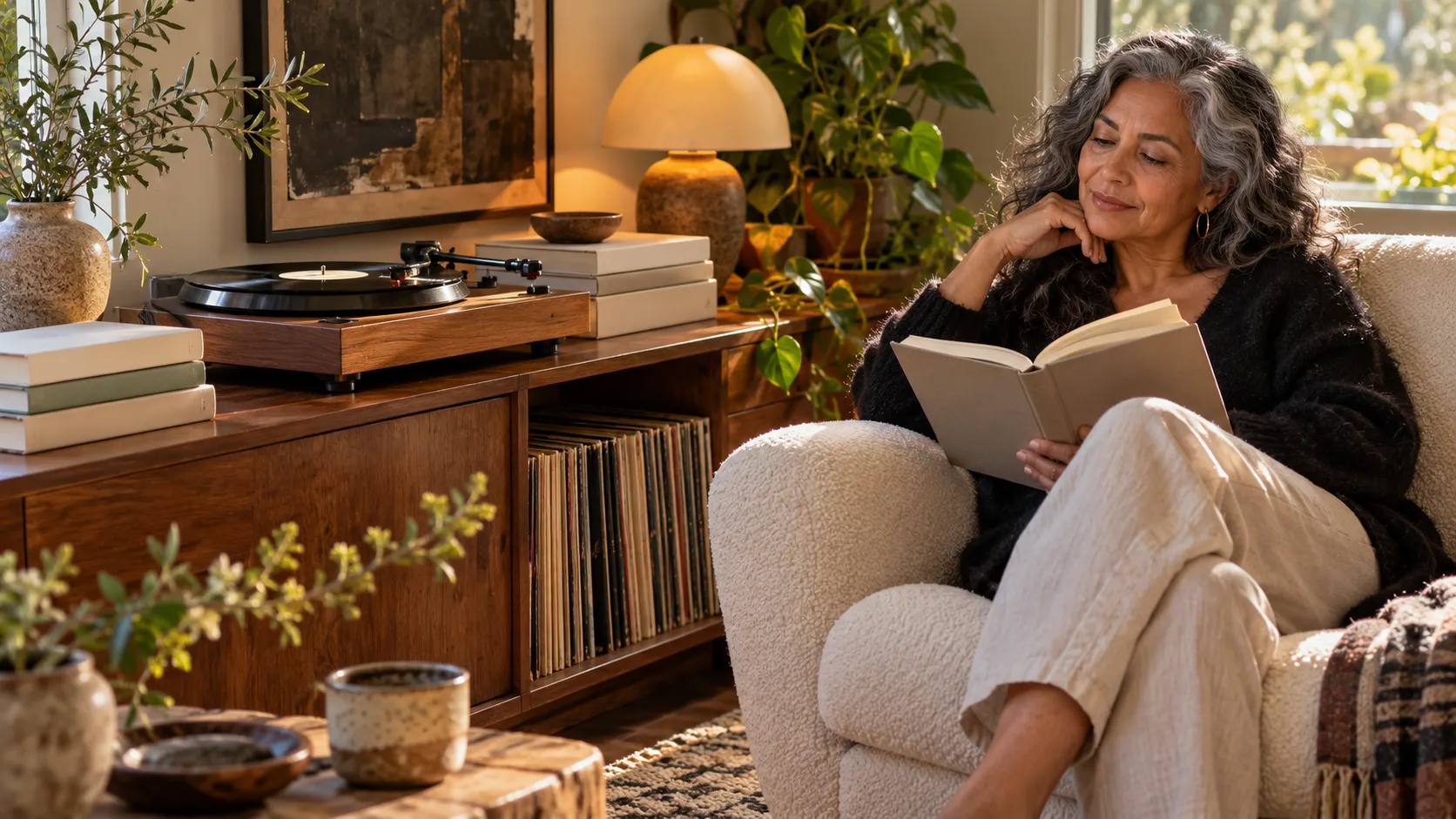 AI-generated editorial illustration: A room for reading, listening and a little more time. Generic scene, not a photograph of the featured business or destination.