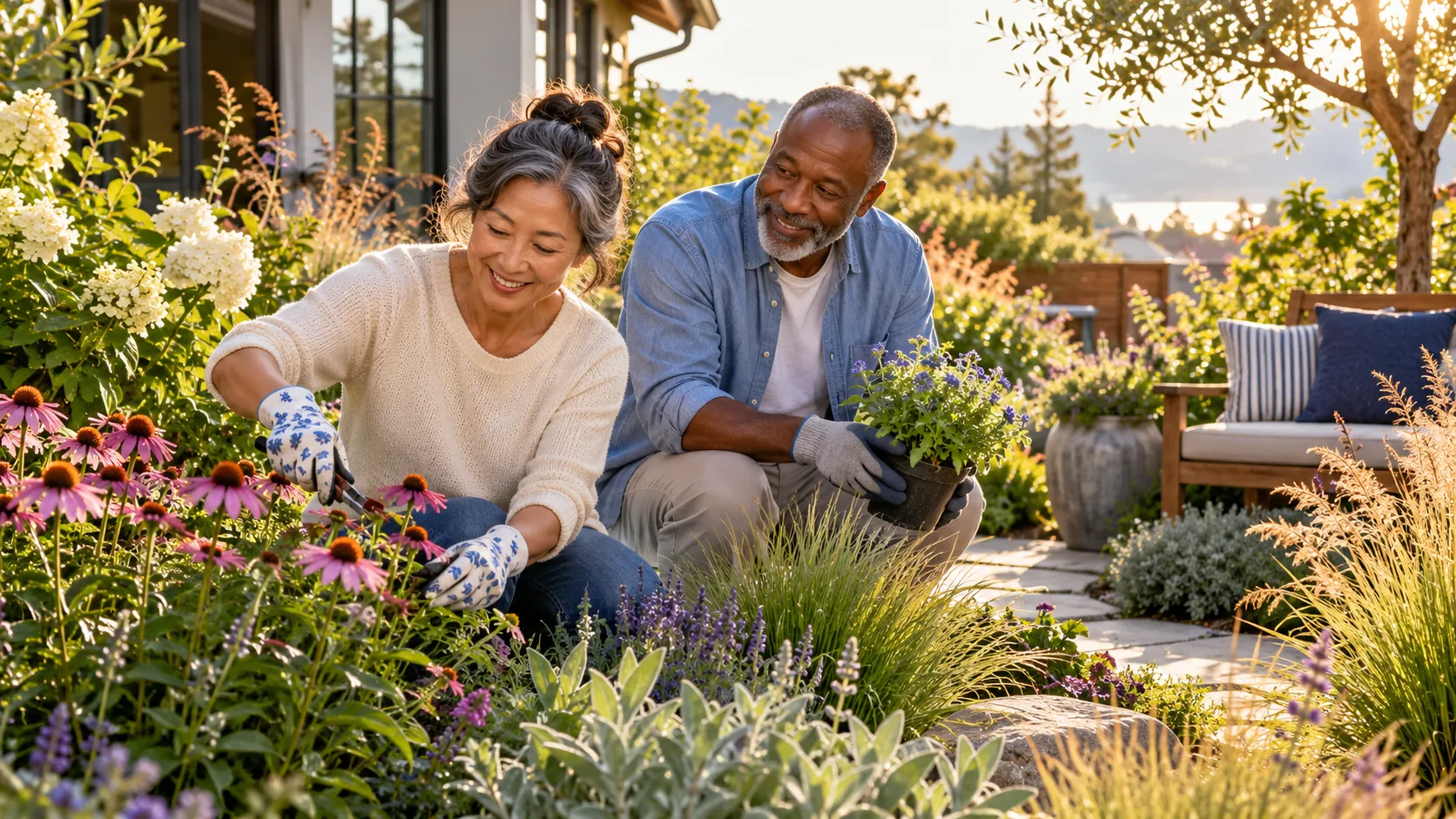 AI-generated editorial illustration: A smaller garden can still hold a full life. Generic scene, not a photograph of the featured business or destination.