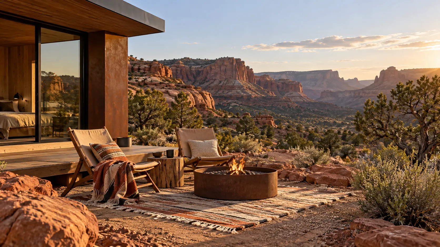 AI-generated editorial illustration: Comfort considered alongside a red-rock landscape. Generic scene, not a photograph of the featured business or destination.