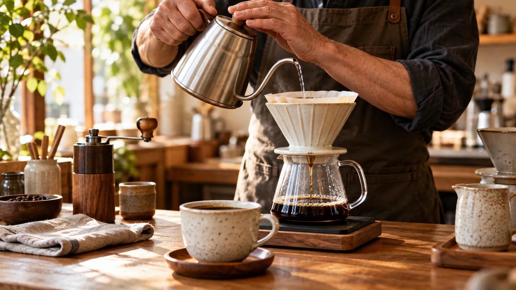 AI-generated editorial illustration: A familiar morning ritual, approached as a craft. Generic scene, not a photograph of the featured business or destination.
