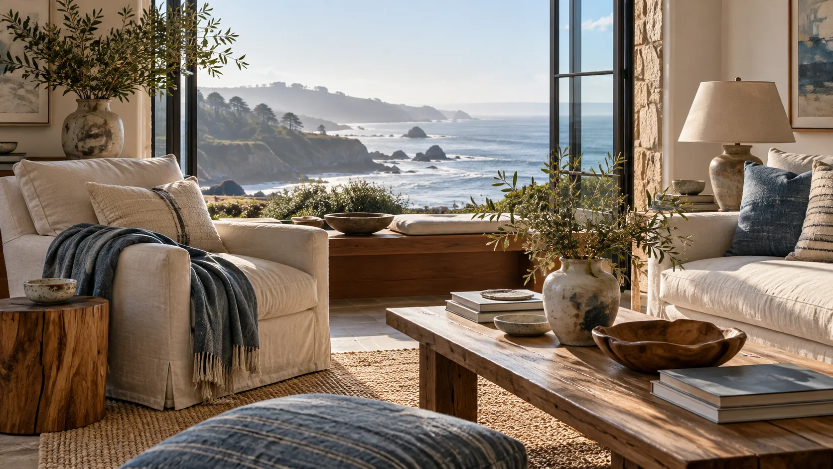 AI-generated editorial illustration: A study in coastal comfort and collected interiors. Generic scene, not a photograph of the featured business or destination.