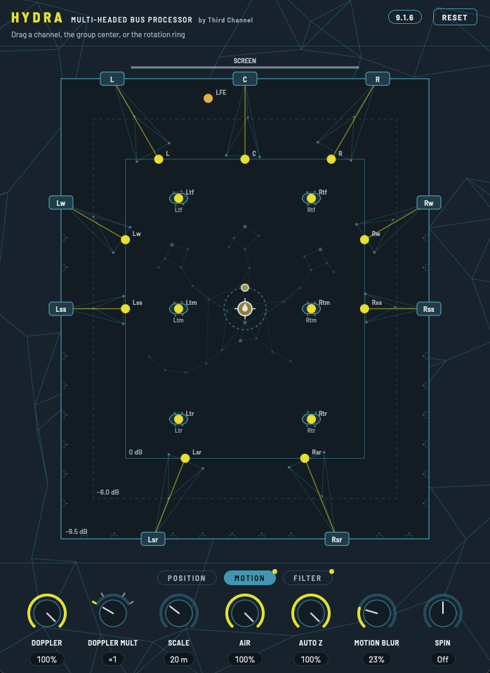 Hydra Motion page with Doppler, Scale, Air, Auto Z, Motion Blur and Spin controls