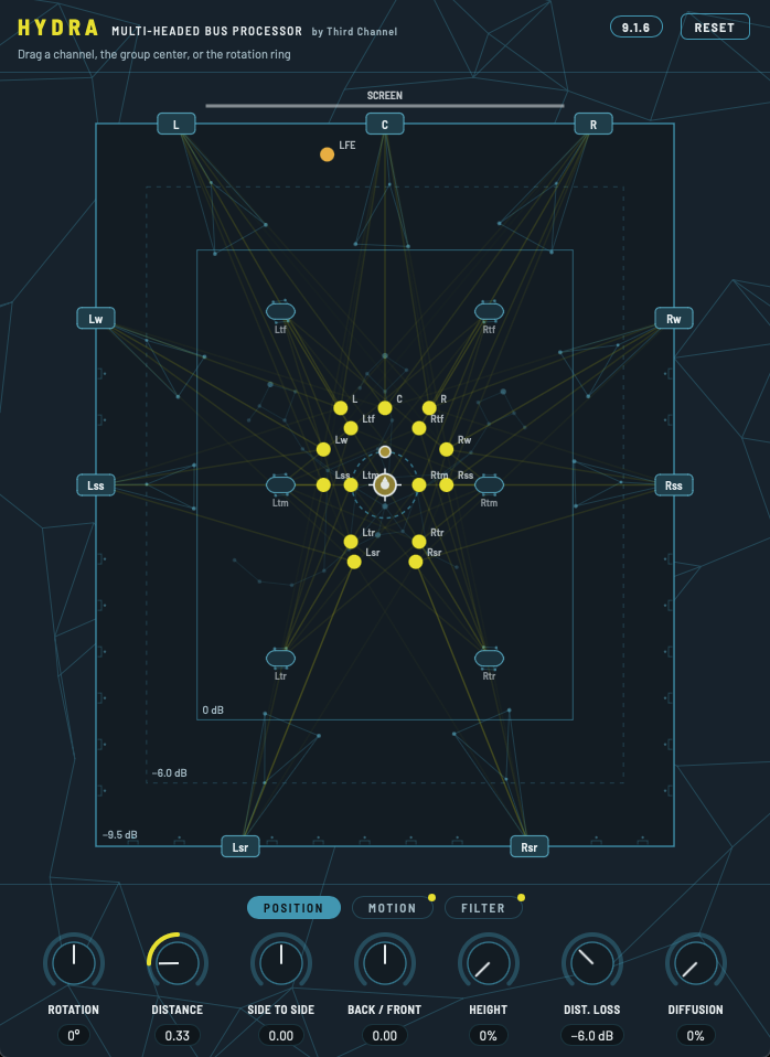Hydra with a 9.1.6 bed collapsed toward the center of the room