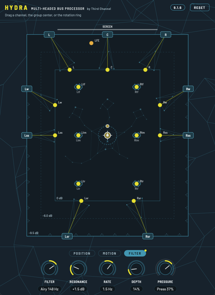 Hydra Filter page with Filter, Resonance, Rate, Depth and Pressure controls