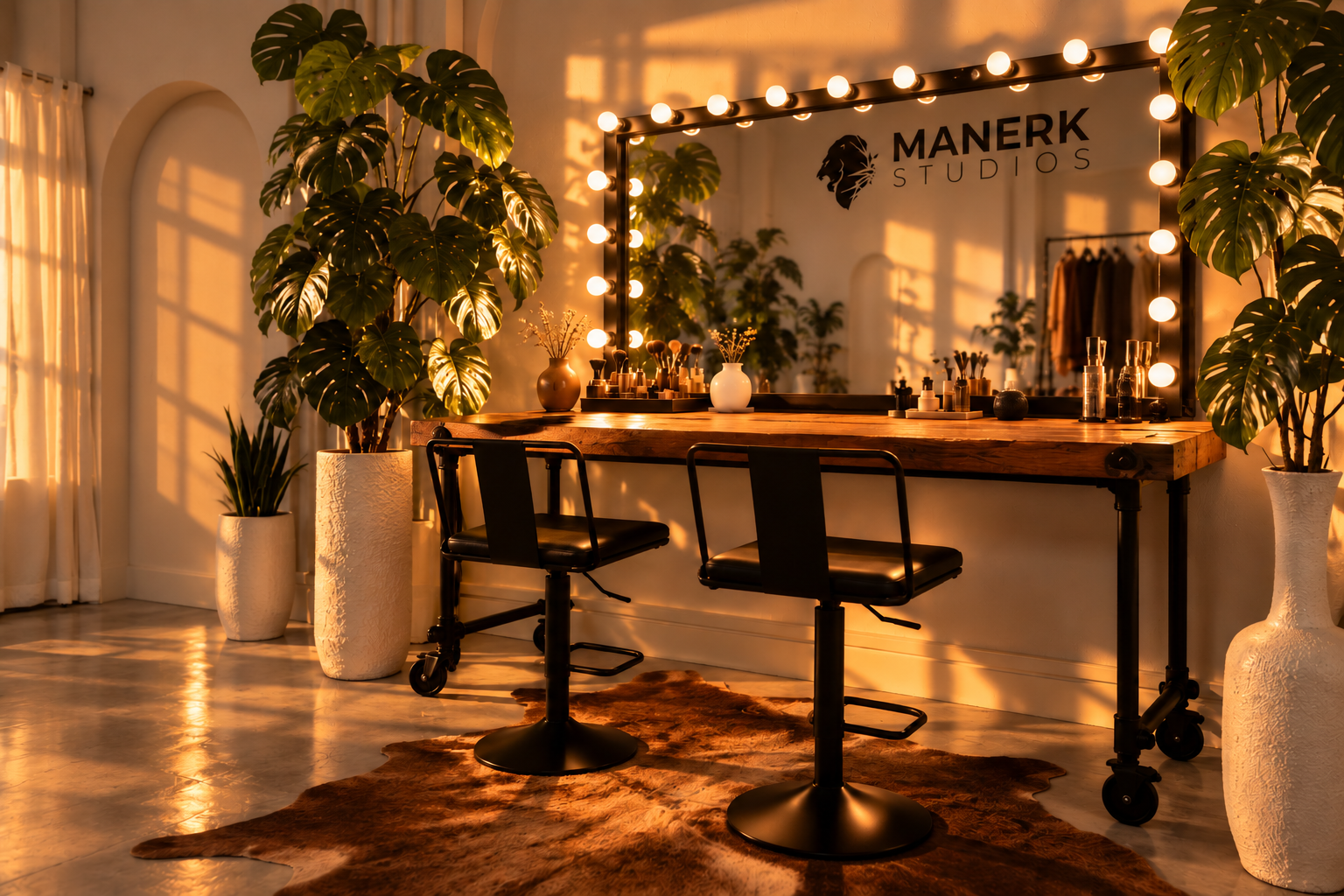 Professional makeup and beauty station at Manerk Studios with Hollywood mirror, styling chairs, and wardrobe access for photo and video productions.