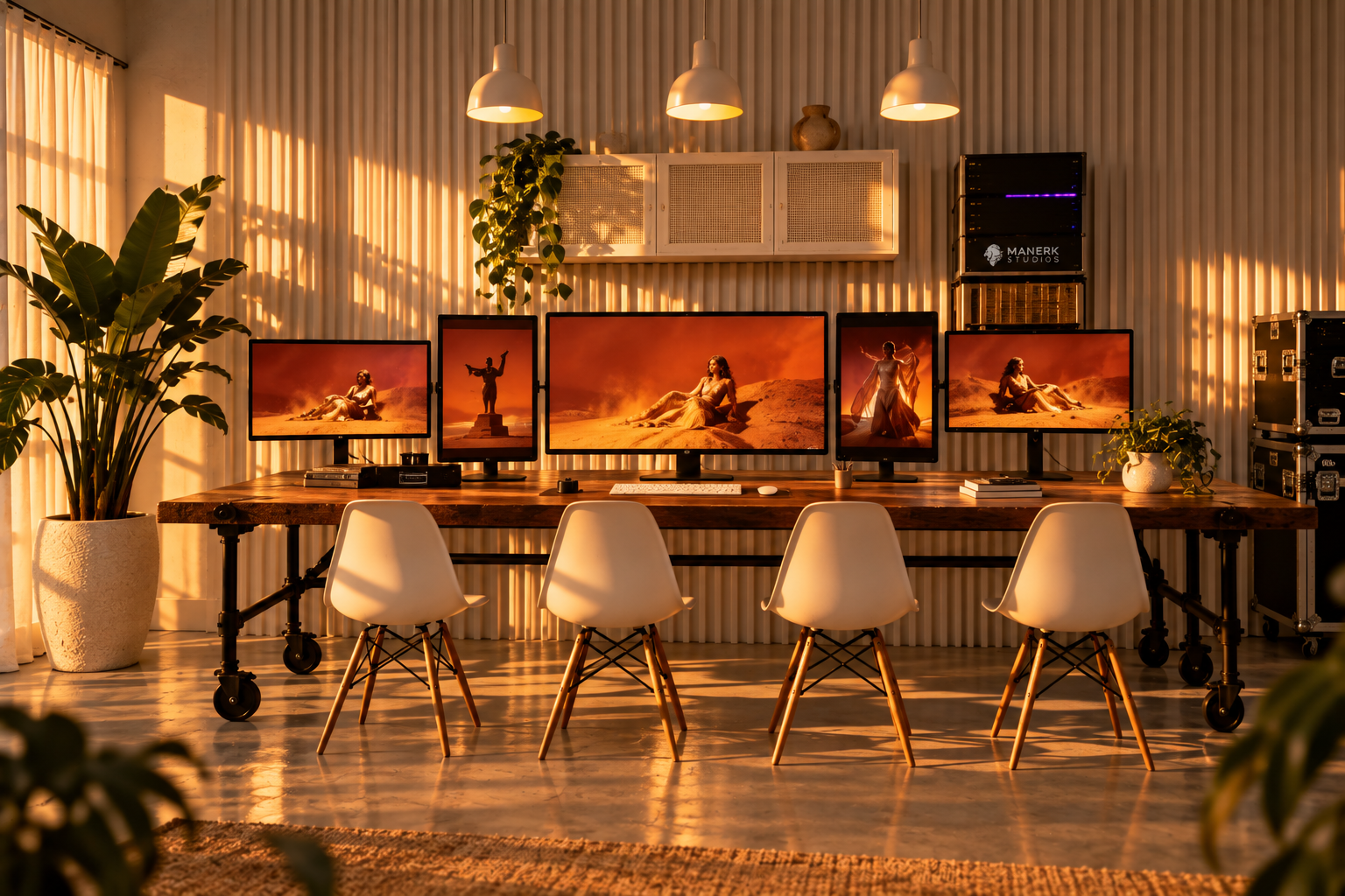 Client workstation and monitor desk at Manerk Studios for production review, image capture, and on-set collaboration.