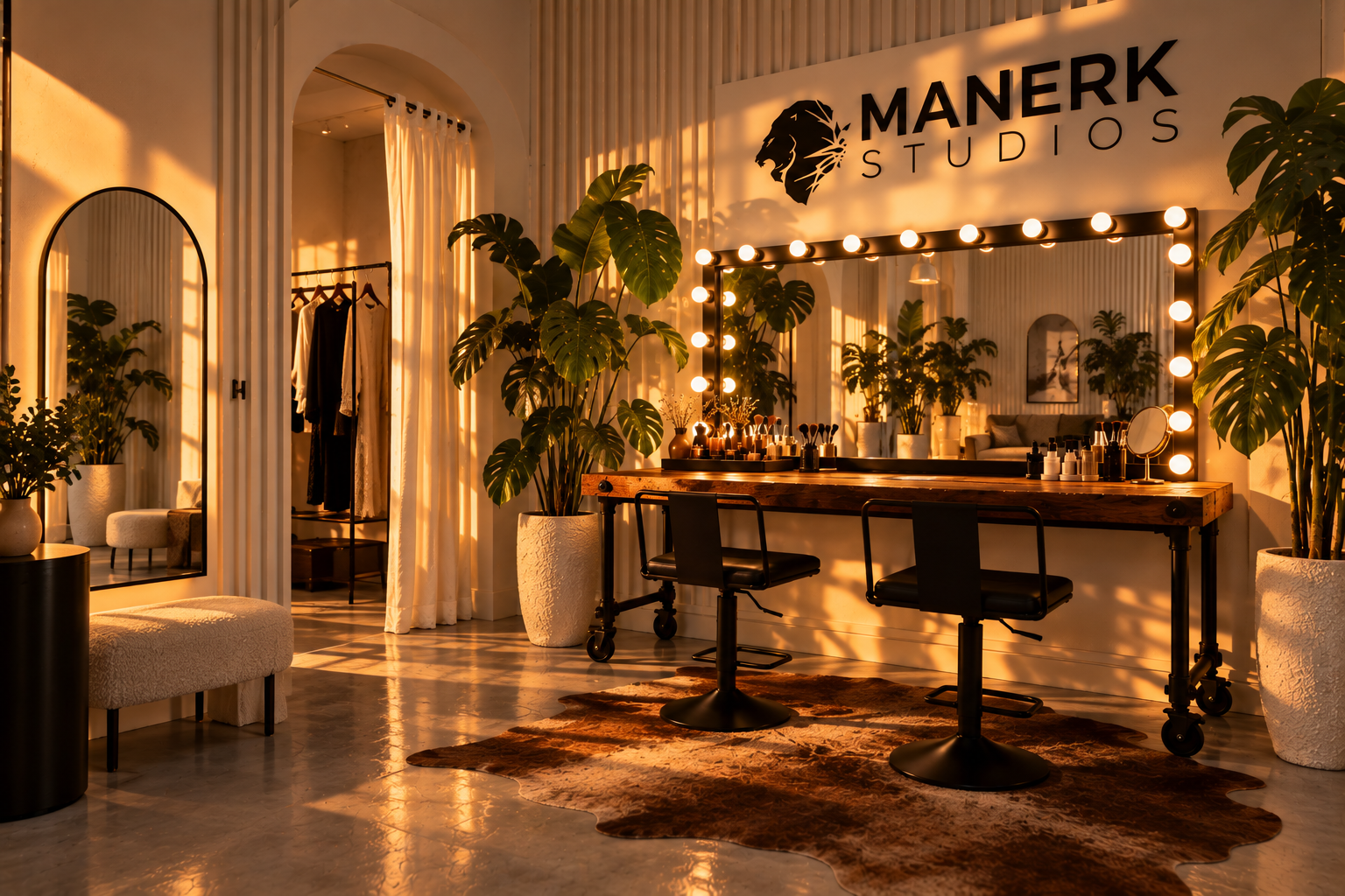 Wardrobe and changing area at Manerk Studios with illuminated mirror and production styling space.
