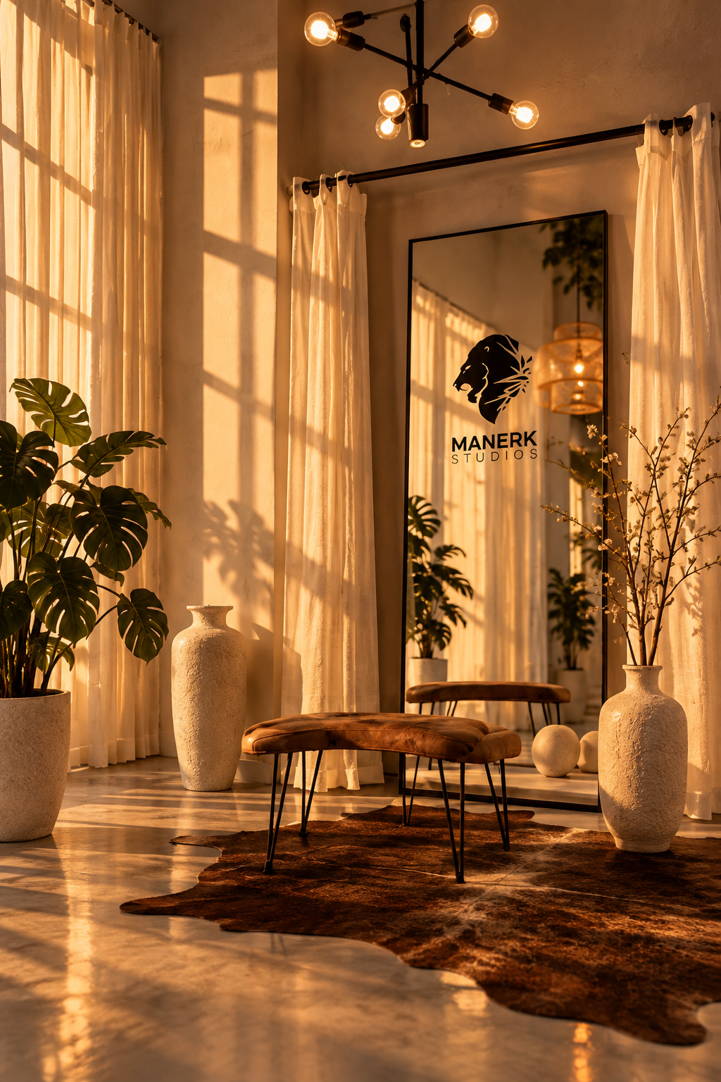 Styled mirror and seating area inside Manerk Studios, part of the studio client and production amenities.