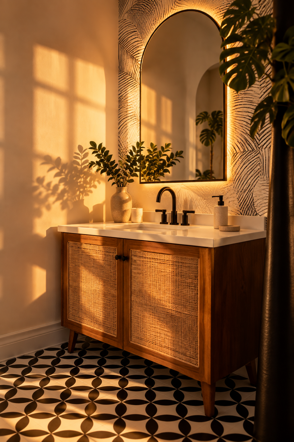 Private styled restroom at Manerk Studios with vanity, mirror, and warm editorial interior design.
