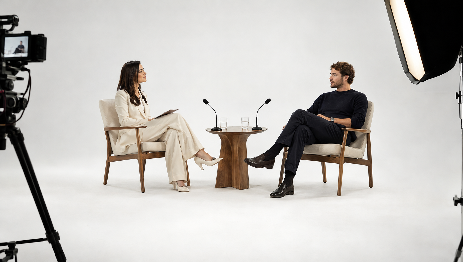 Conceptual minimalist two-person interview in a white cyclorama studio