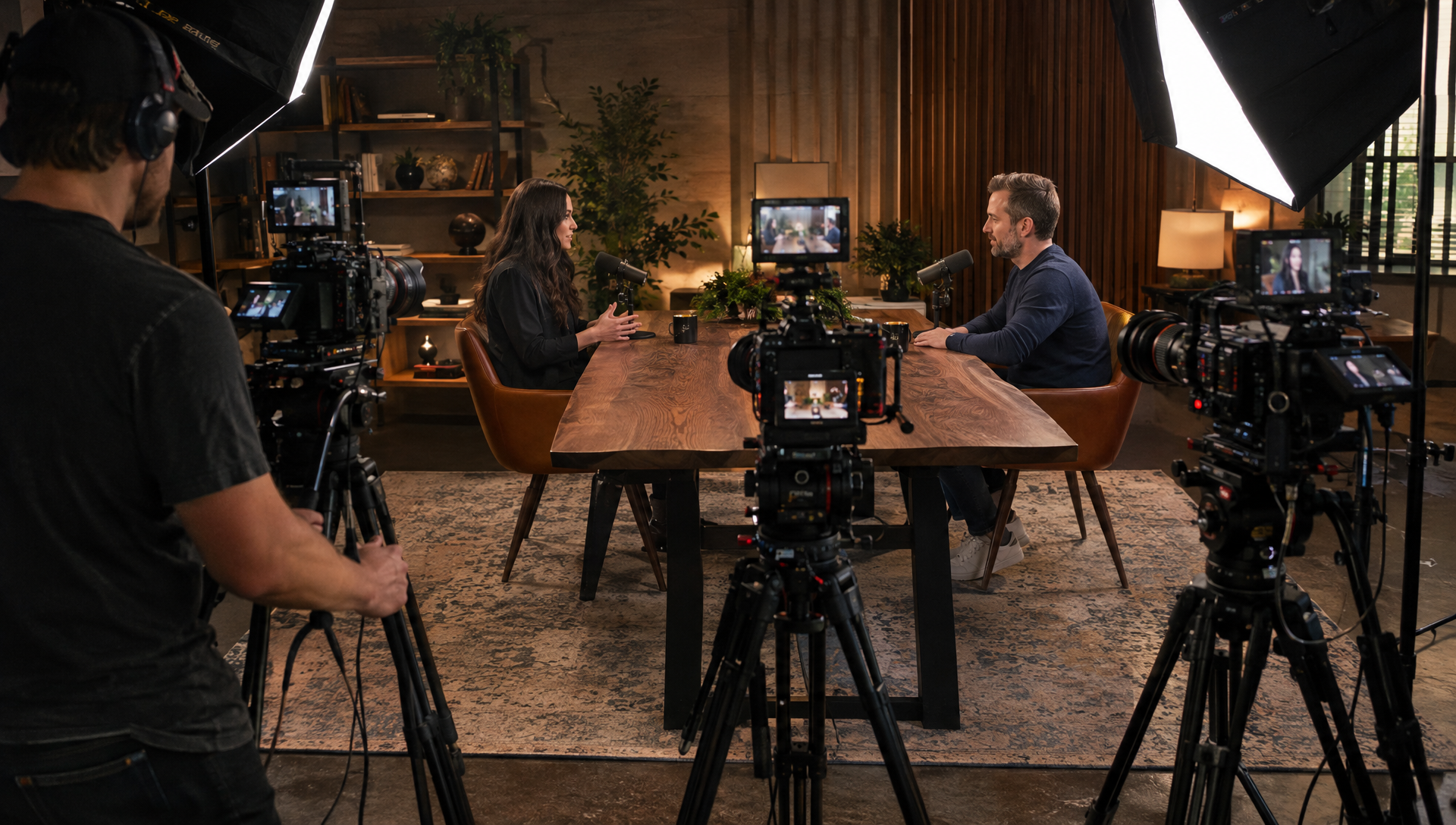 Conceptual multicamera video podcast production with camera operators and lighting