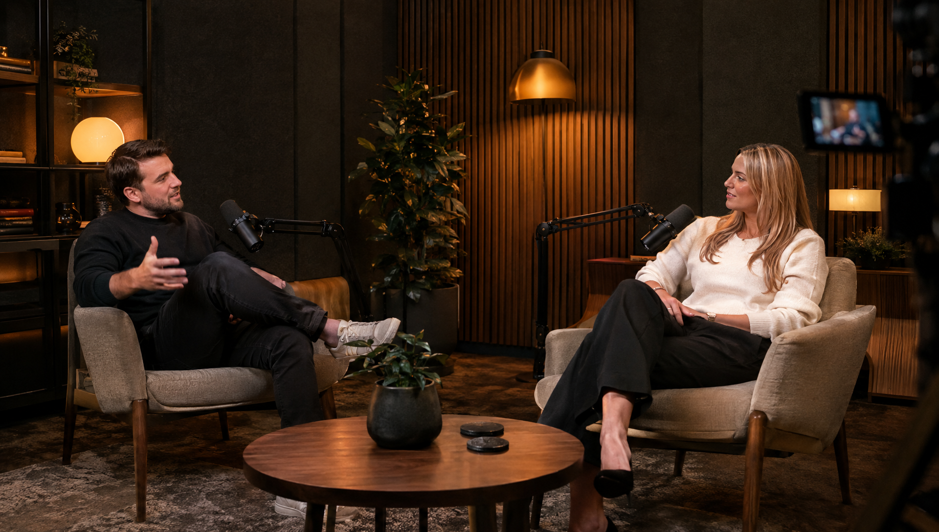 Conceptual custom podcast set with dramatic warm lighting and microphones