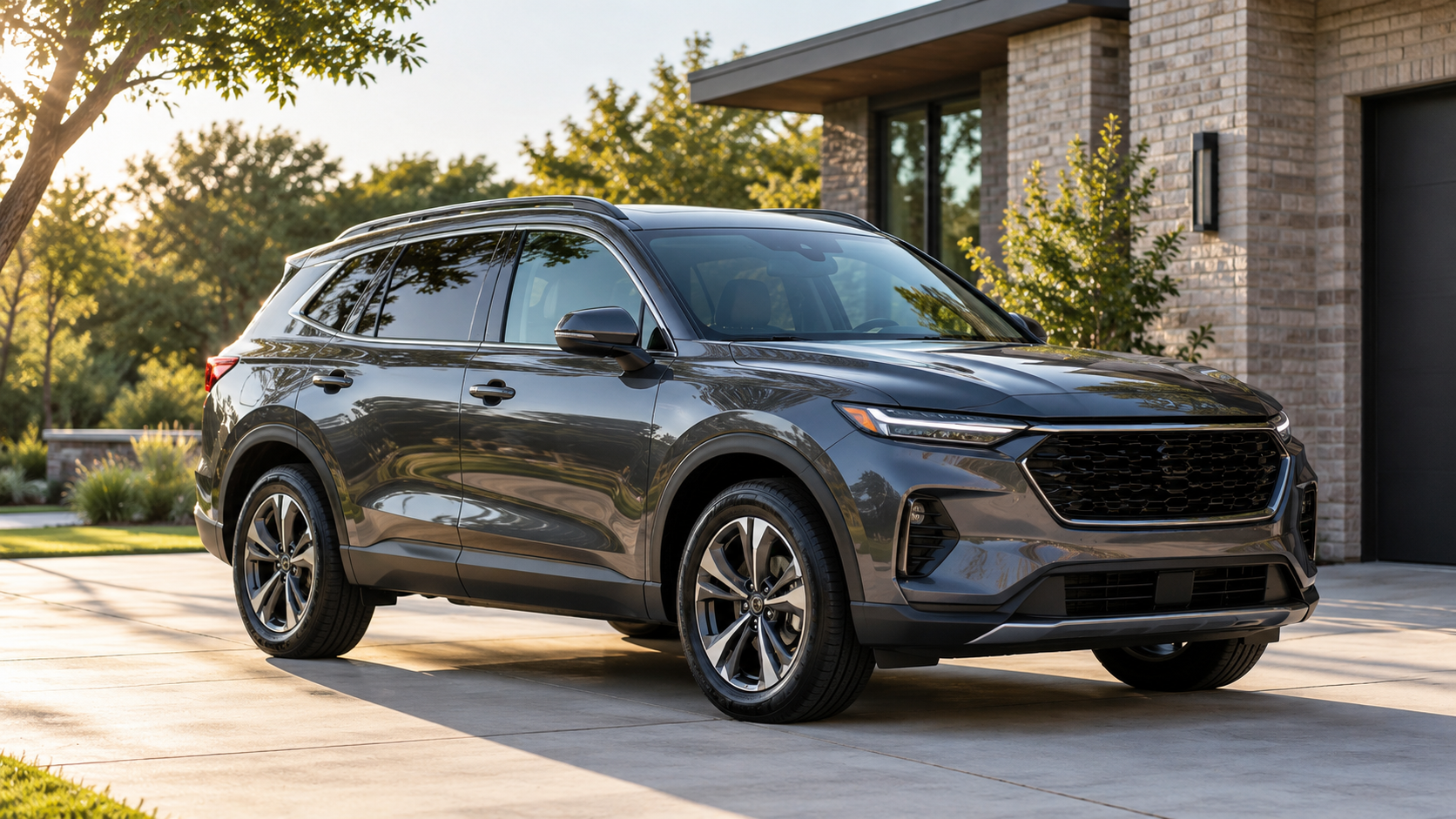 Clean graphite SUV parked on a bright concrete driveway