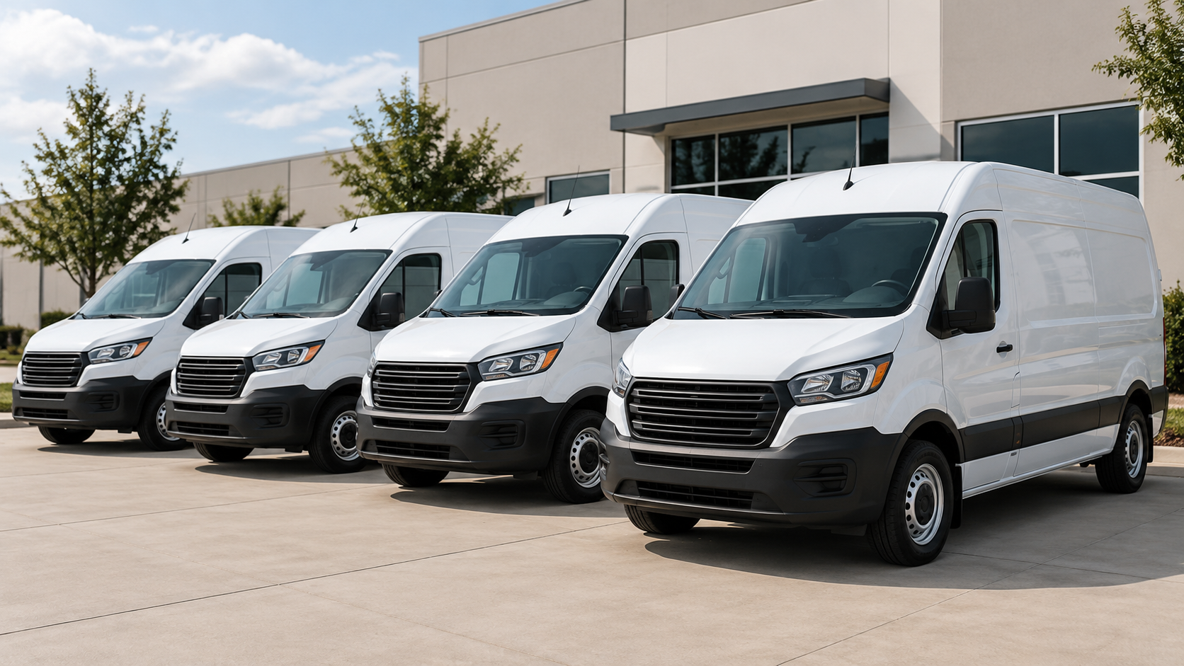 Four clean white light-duty cargo vans parked outside a business