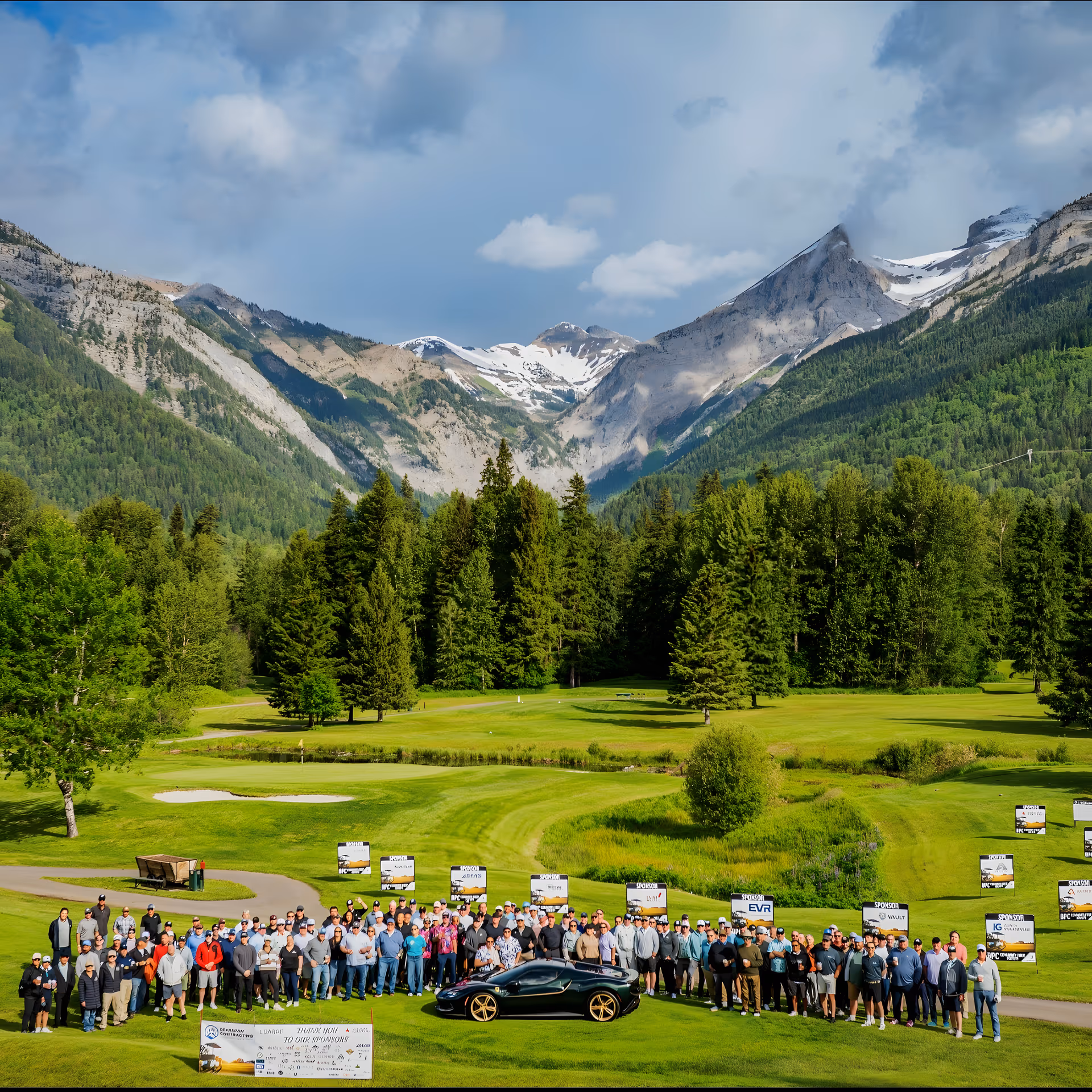 Tournament participants gathered on the course with sponsor signs and the Rocky Mountains behind