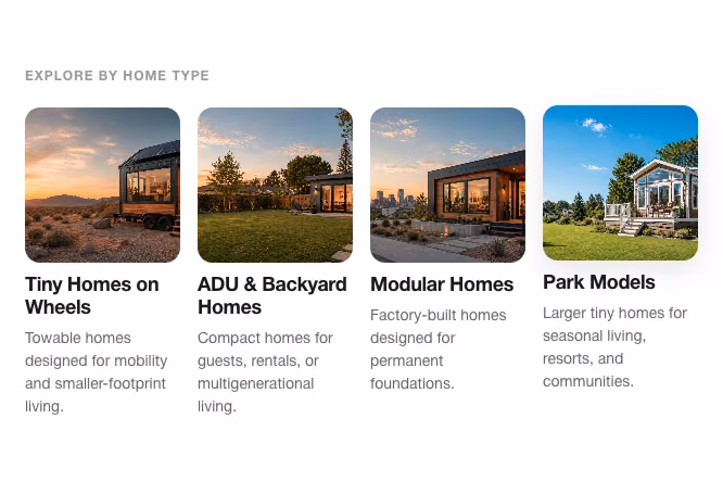 ModelTown's Explore by Home Type menu, showing Tiny Homes on Wheels, ADU and Backyard Homes, Modular Homes and Park Models