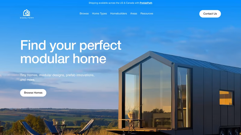 ModelTown homepage: "Find your perfect modular home" over a modern tiny home on a hillside, with a Browse Homes button